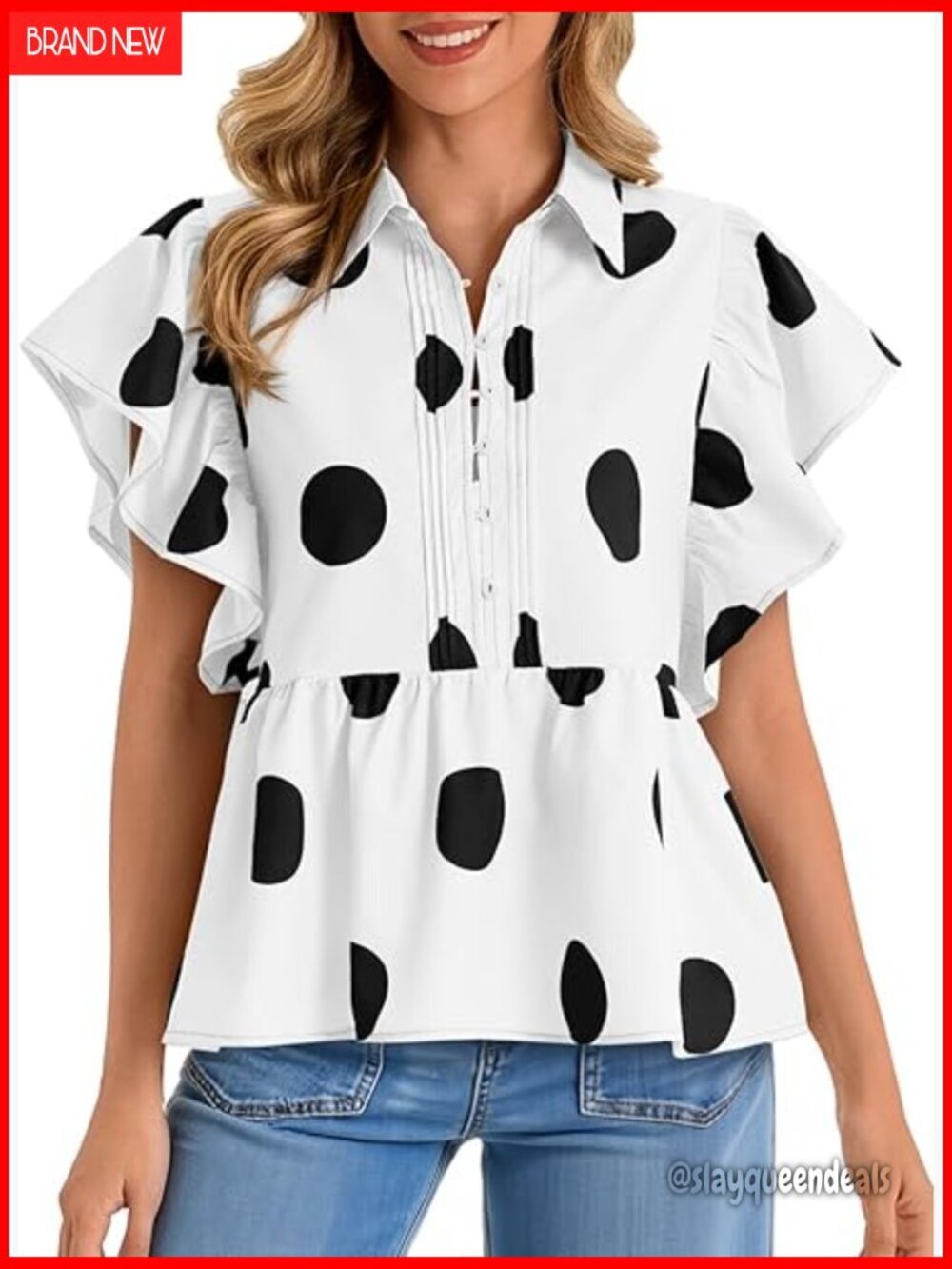 Babydoll Peplum Blouse with Ruffle Cap Sleeves, Polka Dot Design, Lightweight
